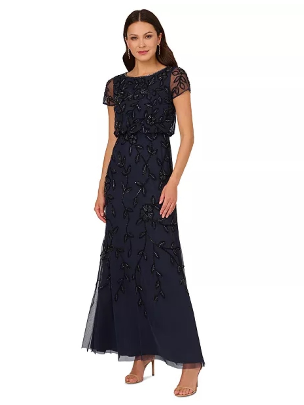 🌺Adrianna Papell Navy Women's Floral Blouson Embellished Gown🌺